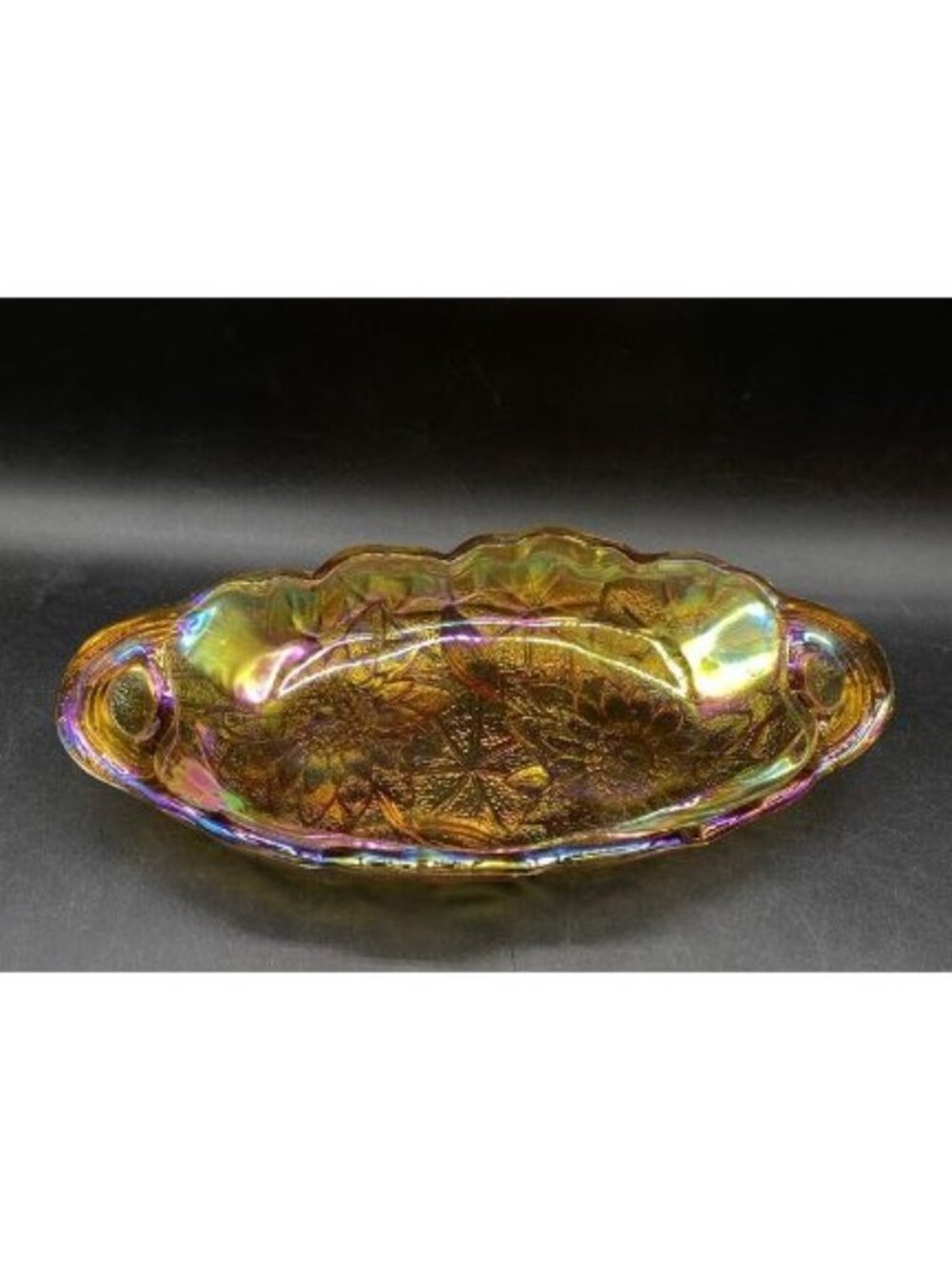 Indiana Carnival Glass Relish Dish Lily Pons Pattern Iridescent Marigold